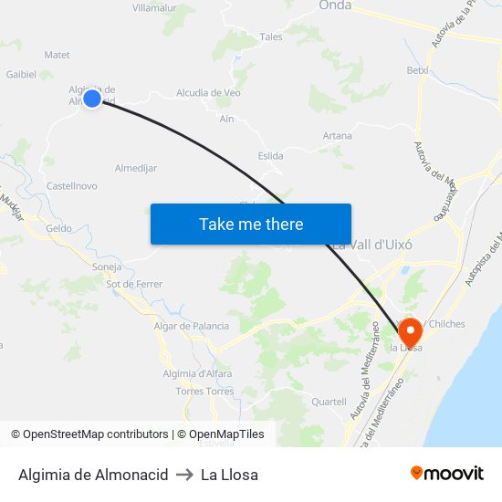 Algimia de Almonacid to La Llosa map