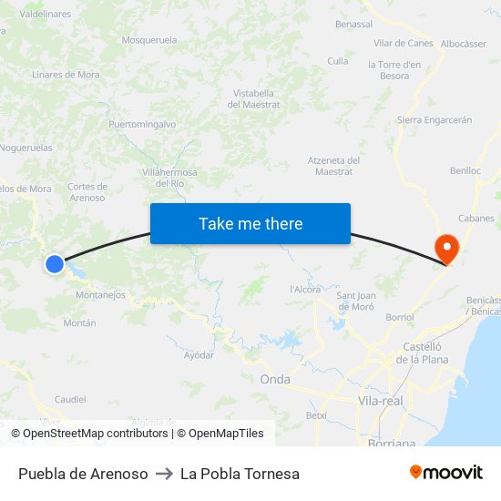 Puebla de Arenoso to La Pobla Tornesa map