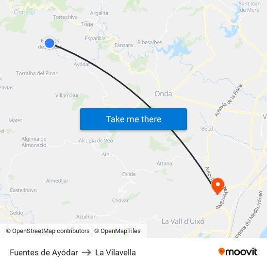 Fuentes de Ayódar to La Vilavella map