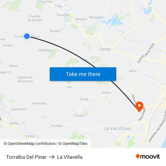 Torralba Del Pinar to La Vilavella map