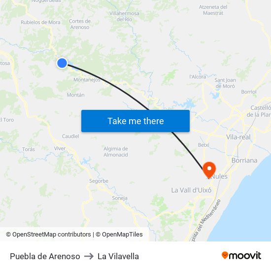 Puebla de Arenoso to La Vilavella map