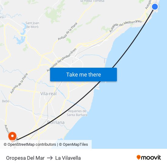 Oropesa Del Mar to La Vilavella map