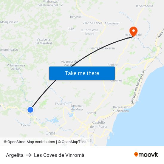 Argelita to Les Coves de Vinromà map