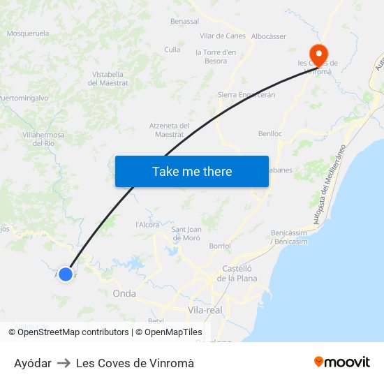 Ayódar to Les Coves de Vinromà map