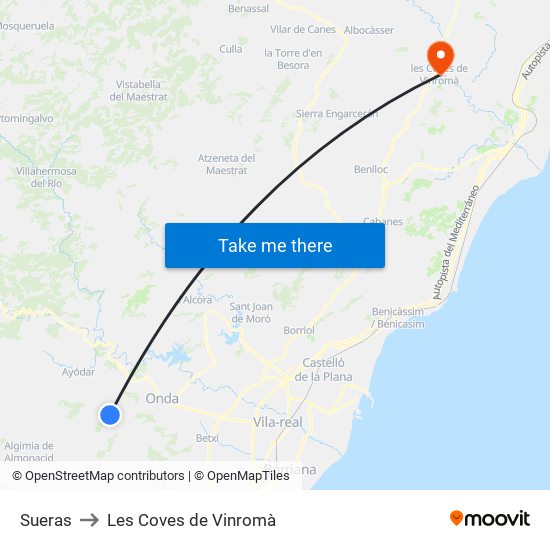 Sueras to Les Coves de Vinromà map