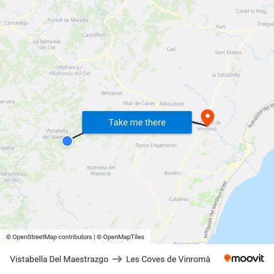 Vistabella Del Maestrazgo to Les Coves de Vinromà map