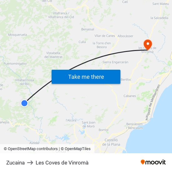 Zucaina to Les Coves de Vinromà map
