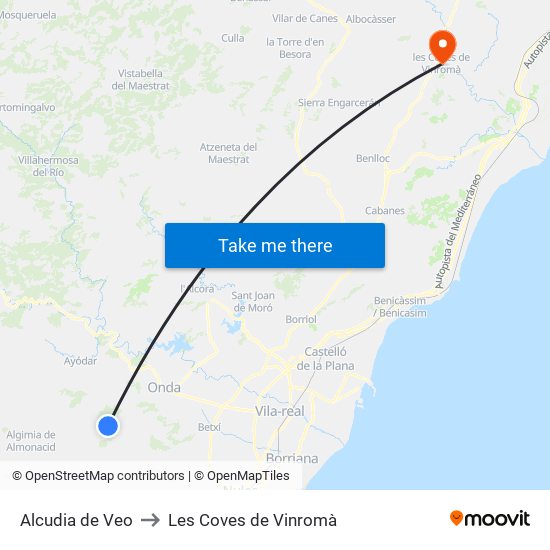 Alcudia de Veo to Les Coves de Vinromà map