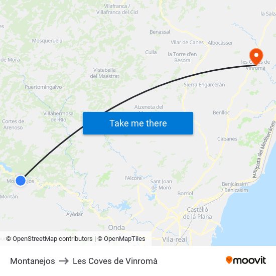 Montanejos to Les Coves de Vinromà map