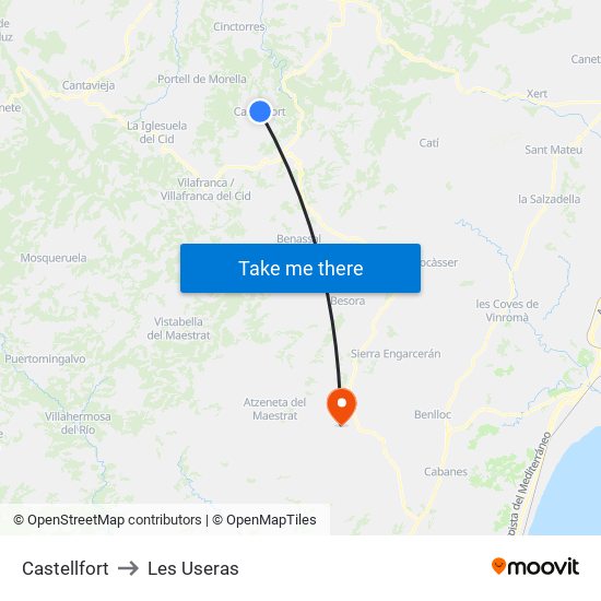 Castellfort to Les Useras map