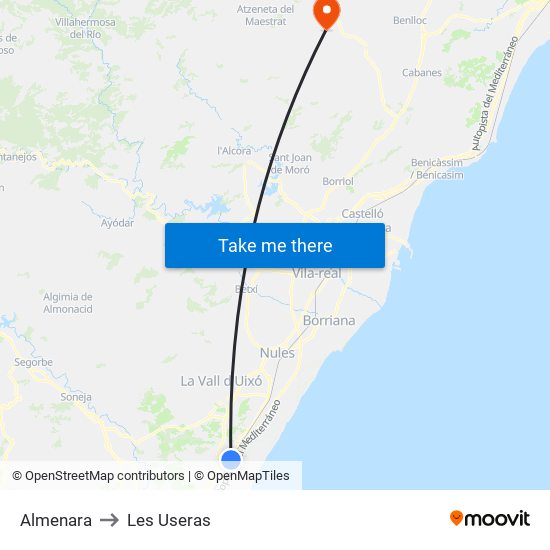 Almenara to Les Useras map