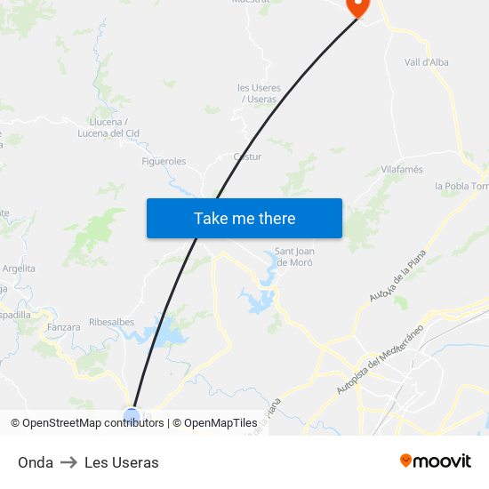 Onda to Les Useras map
