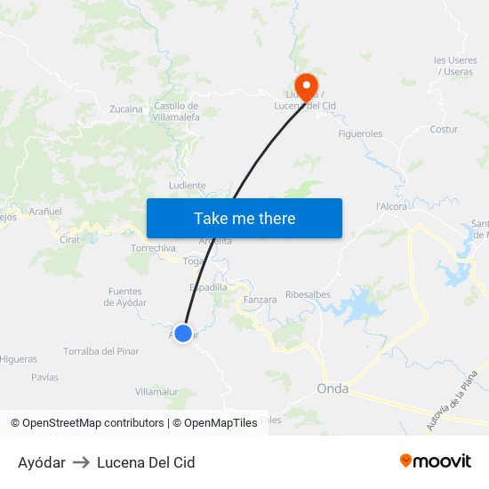 Ayódar to Lucena Del Cid map