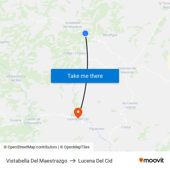 Vistabella Del Maestrazgo to Lucena Del Cid map