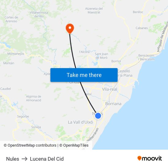 Nules to Lucena Del Cid map