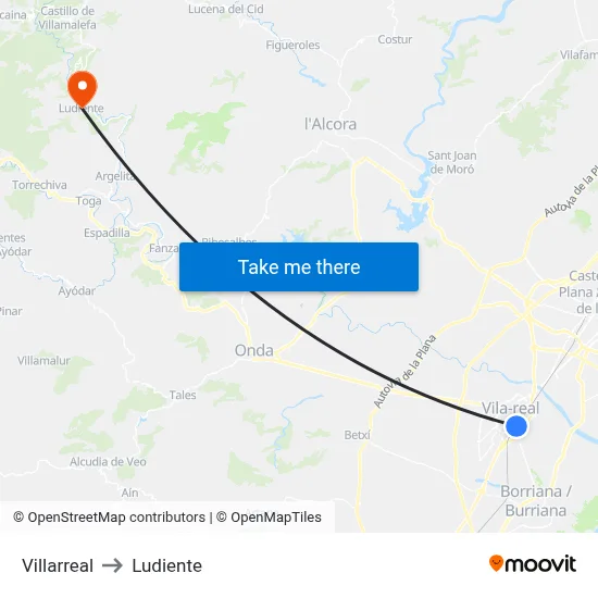 Villarreal to Ludiente map