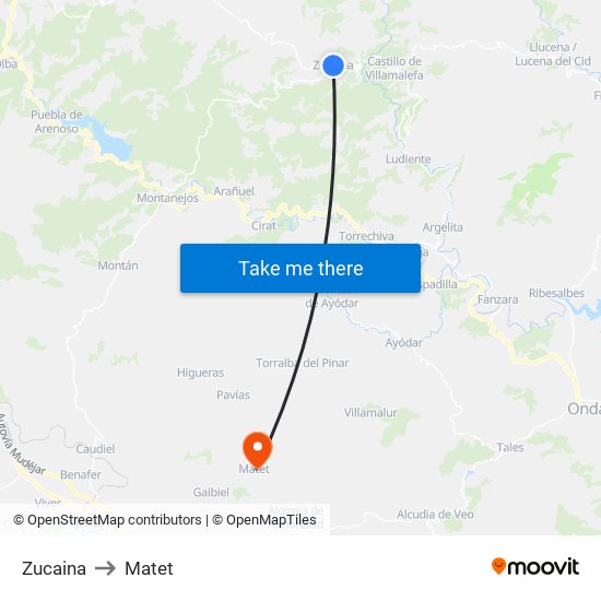 Zucaina to Matet map