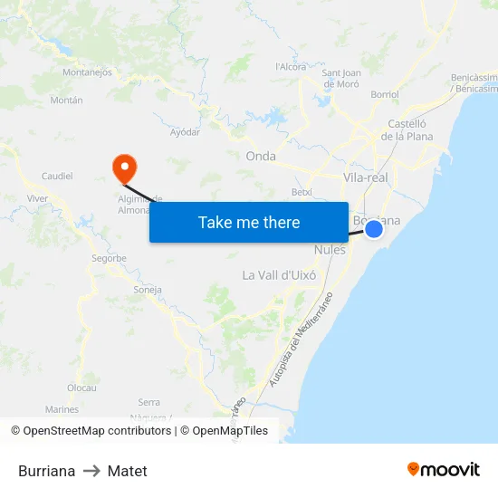 Burriana to Matet map