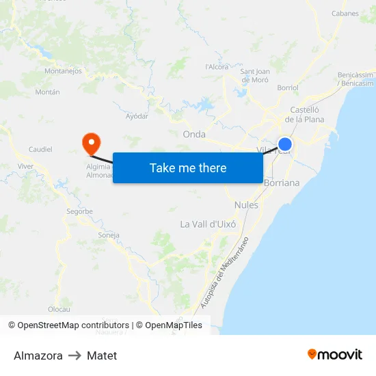 Almazora to Matet map
