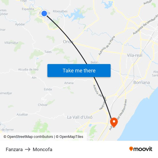 Fanzara to Moncofa map