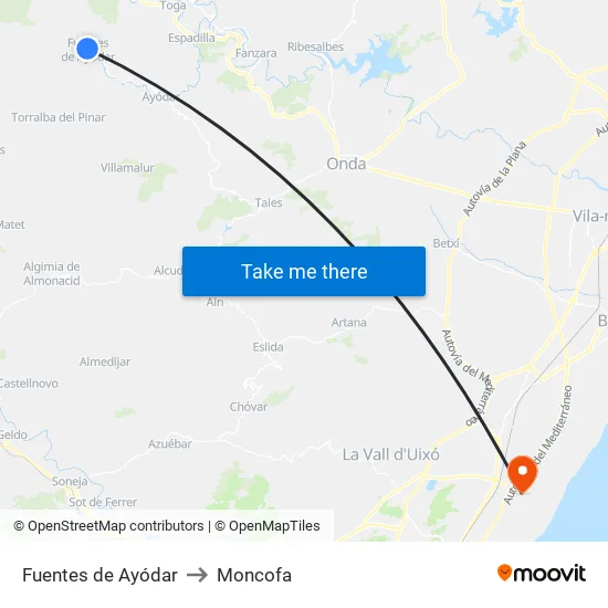 Fuentes de Ayódar to Moncofa map