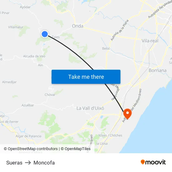 Sueras to Moncofa map
