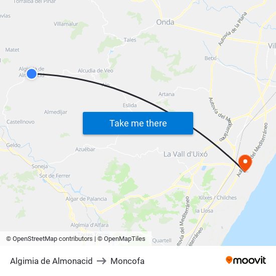 Algimia de Almonacid to Moncofa map