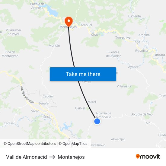 Vall de Almonacid to Montanejos map