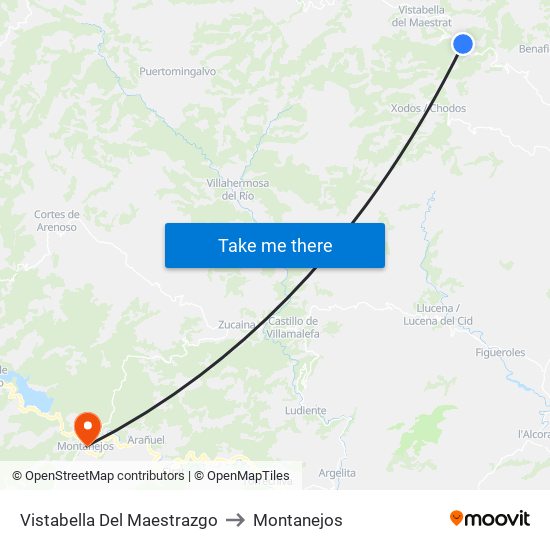 Vistabella Del Maestrazgo to Montanejos map