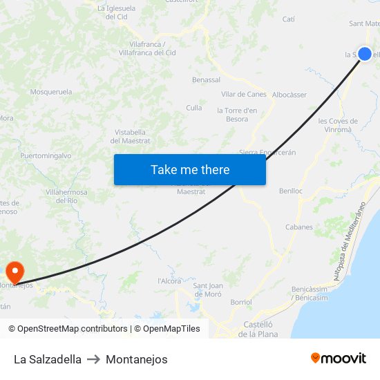 La Salzadella to Montanejos map