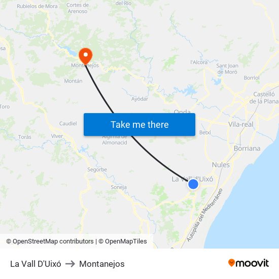 La Vall D'Uixó to Montanejos map