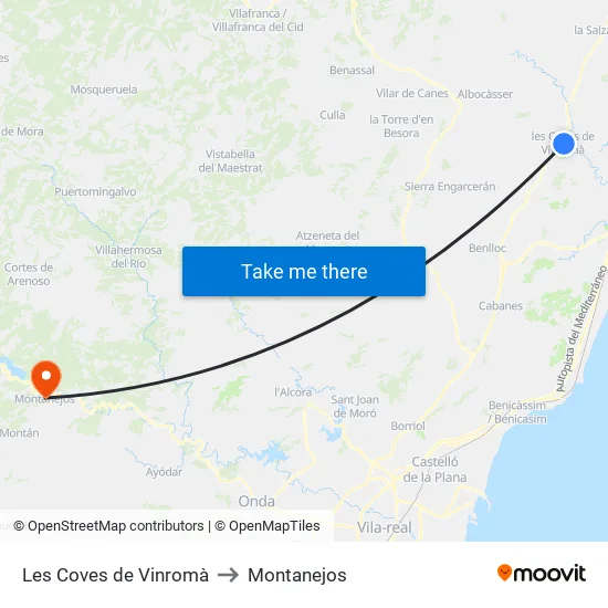 Les Coves de Vinromà to Montanejos map