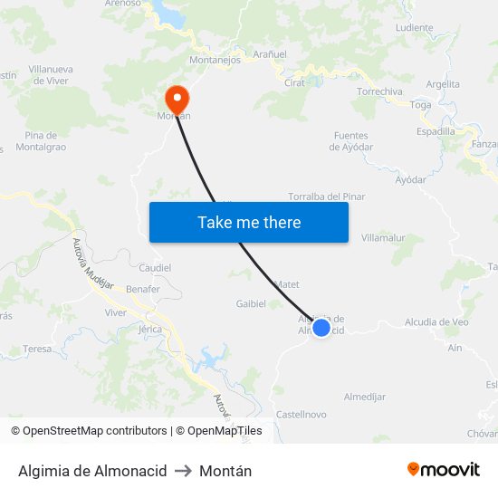 Algimia de Almonacid to Montán map