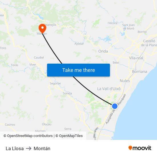 La Llosa to Montán map