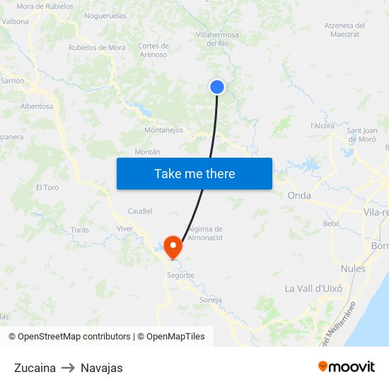Zucaina to Navajas map