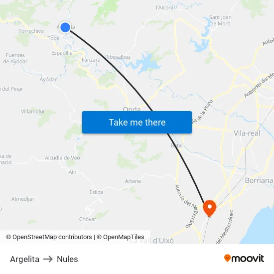 Argelita to Nules map