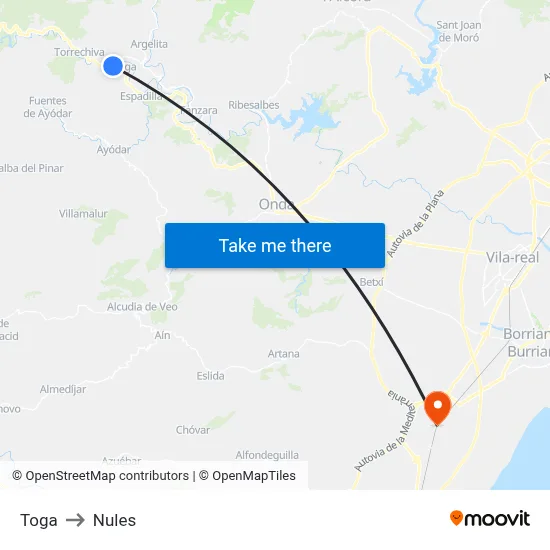 Toga to Nules map