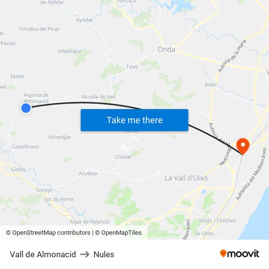 Vall de Almonacid to Nules map