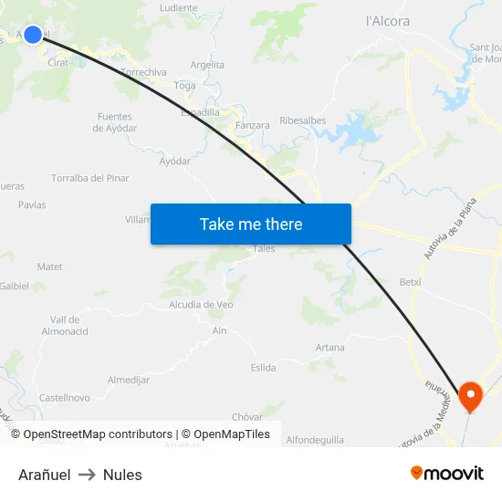 Arañuel to Nules map