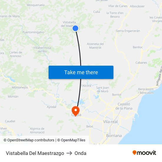 Vistabella Del Maestrazgo to Onda map