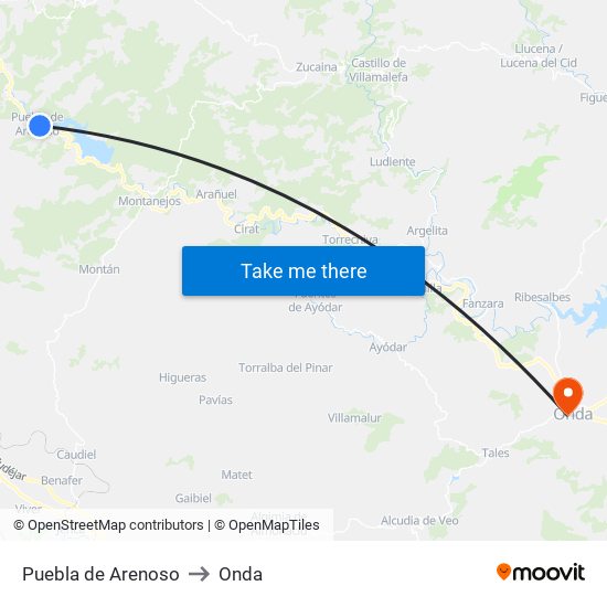 Puebla de Arenoso to Onda map