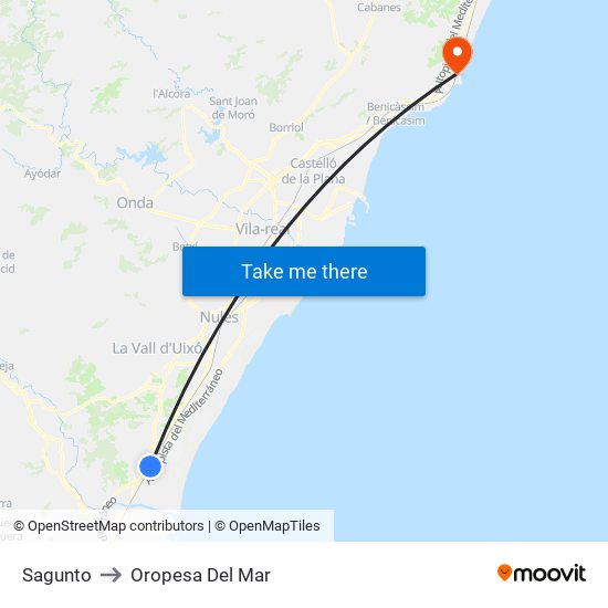 Sagunto to Oropesa Del Mar map