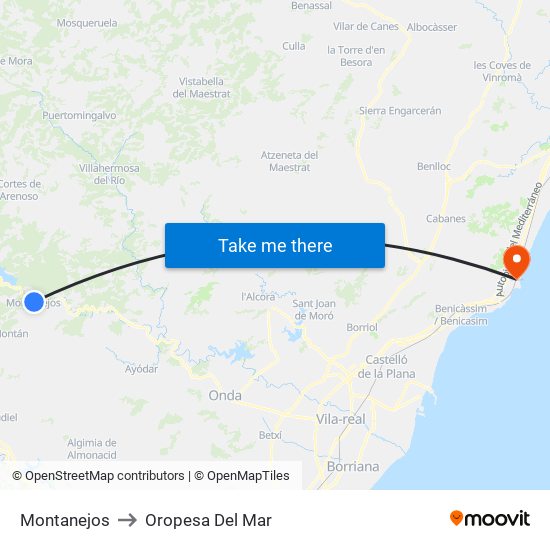 Montanejos to Oropesa Del Mar map