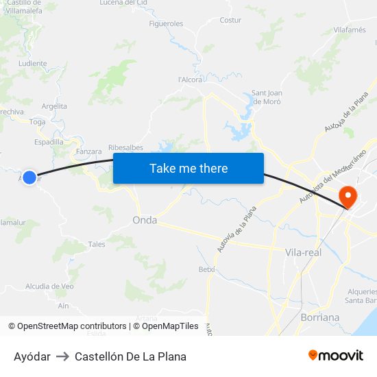 Ayódar to Castellón De La Plana map