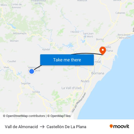 Vall de Almonacid to Castellón De La Plana map