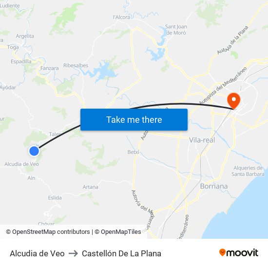 Alcudia de Veo to Castellón De La Plana map