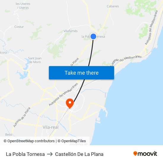 La Pobla Tornesa to Castellón De La Plana map