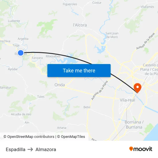 Espadilla to Almazora map