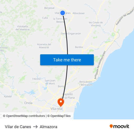 Vilar de Canes to Almazora map
