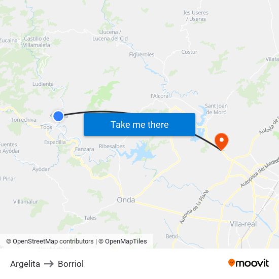 Argelita to Borriol map